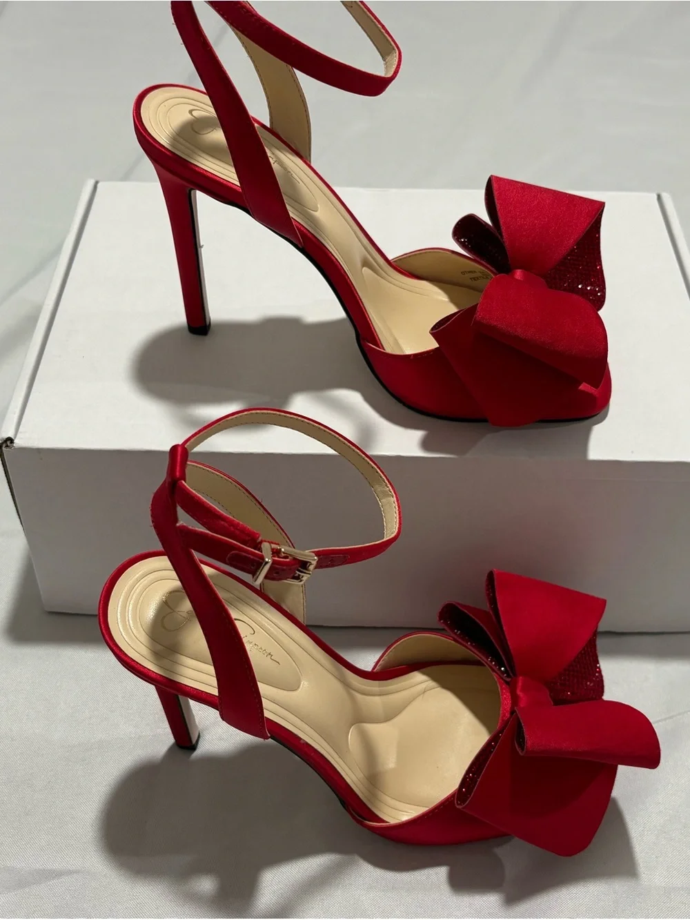 Jessica Simpson Red Satin Bow Ankle-Strap Stiletto Heels